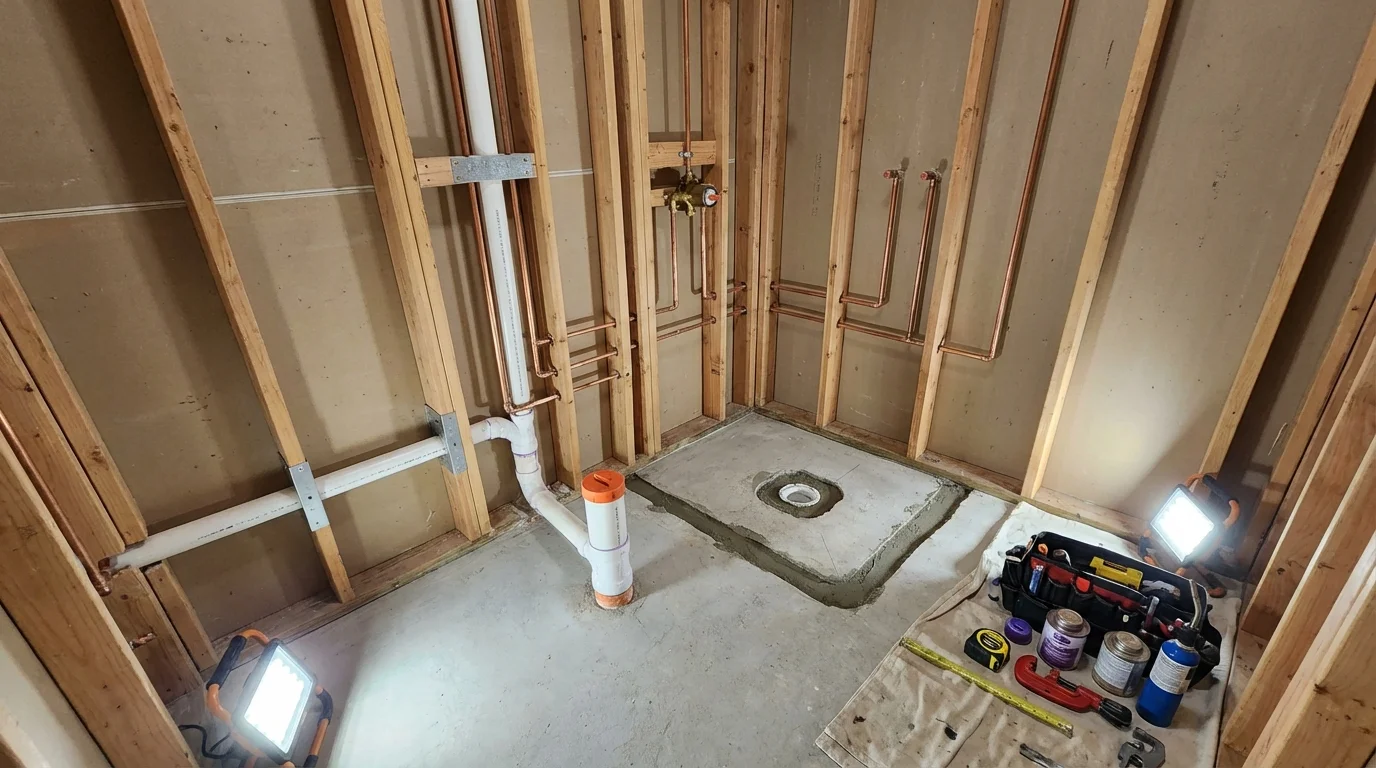 Bathroom rough-in plumbing during remodel by Johns Plumbing LLC in Shawano