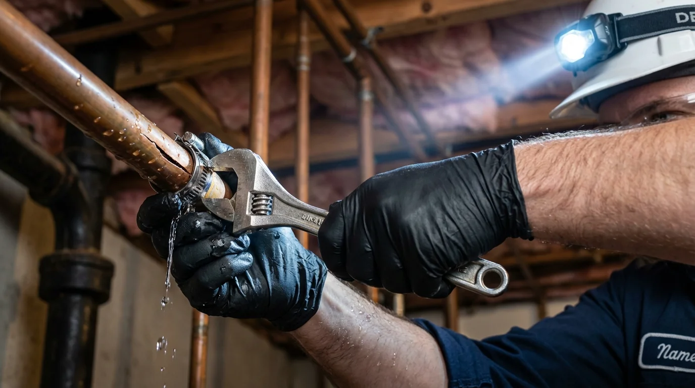 Emergency pipe clamp repair being performed by a Johns Plumbing LLC plumber in Shawano