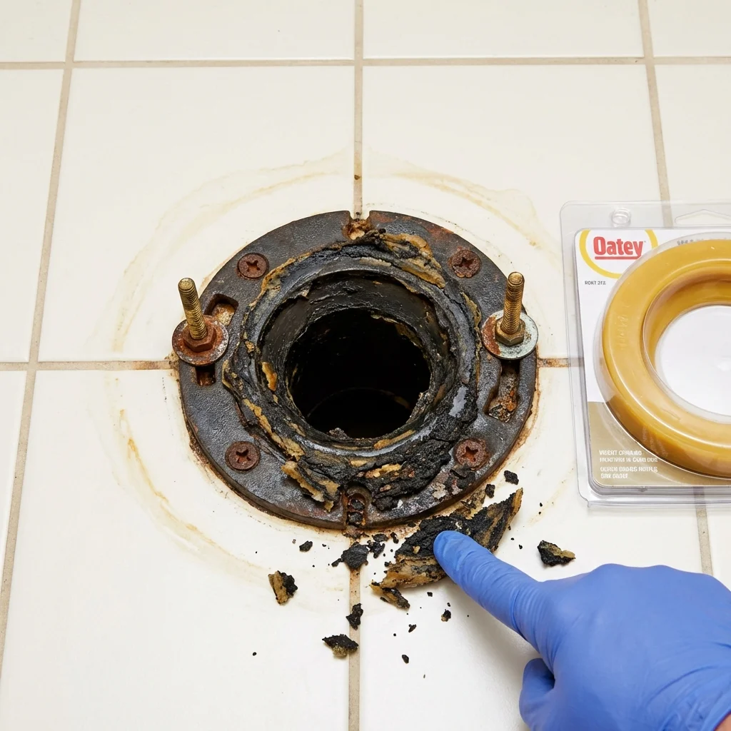 Failed wax ring showing water seepage at the base of a toilet in a Shawano, WI home