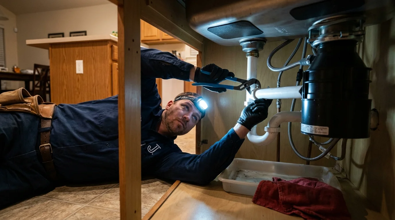 P-trap and supply line connections under a kitchen sink showing a common leak point in Shawano, WI